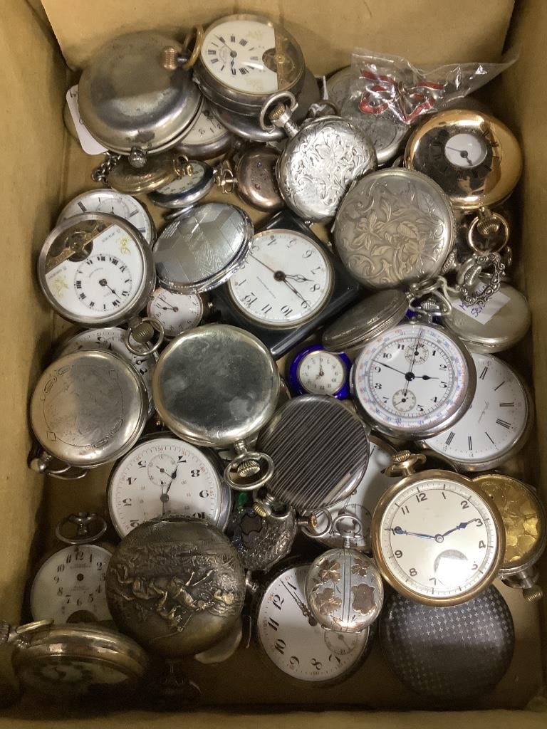 A collection of assorted base and white metal pocket and fob watches, including Hebdomas.